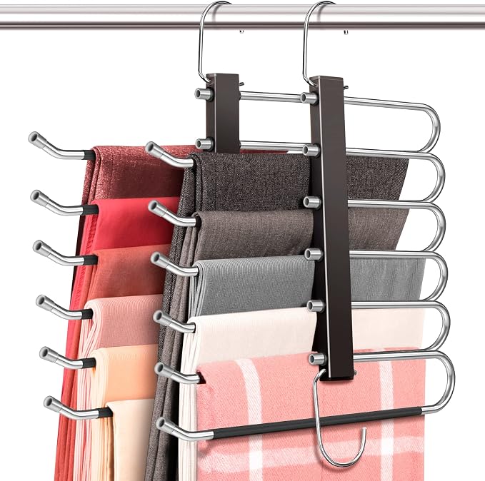 HUITEM 4 Pack 6-Tier Space Saving Pant Hangers, Anti-Slip, Lightweight, Stainless Steel, Black, 6 Pairs Jeans Hangers