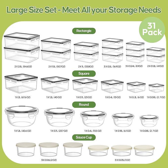 62 PCS Large Food Storage Containers with Lids Airtight (31 Lids & 31 Containers)- 85 OZ Reusable Plastic Leakproof Meal-Prep Container for Kitchen Storage Organization Microwave/Dishwasher Safe