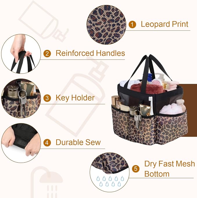 Mesh Shower Caddy Portable - 8 Pockets, S-Hook, Shower Bag for Dorm Camping | 2-Handle, Quick-Dry, Hanging Toiletry Organizer, College Dorm Room Essentials for Girls, Gym, Travel & Bathroom, Leopard