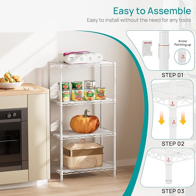 SINGAYE 4 Metal Shelves Wire Shelving Storage Shelf Adjustable Unit Pantry | 4 Tier Kitchen Laundry Room Organization Home Pantry Closet Bathroom Organizers Garage Rack 14" D x 24" W x 48" H White