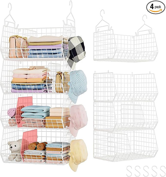 4 Tier Extra Large Hanging Closet Organizer ,Closet Organizer Hanging with 5 S Hooks 4 Dividers,Clothes Organizer Clothing Sweaters Clutches Handbags Hats Accessories-White