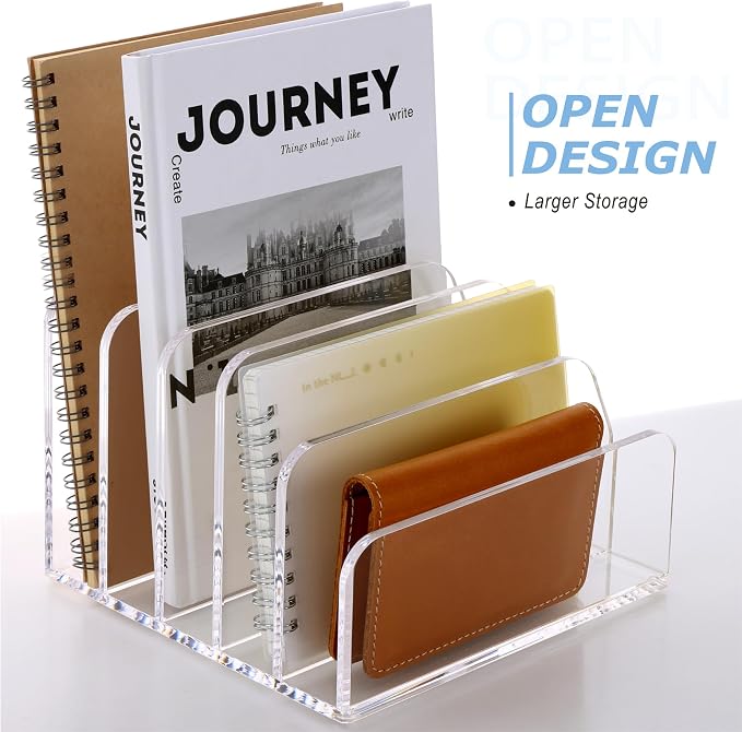 SANRUI Acrylic Bill Letter Organizer Holder for Desk, Clear 5 Compartments | Laddered Mail Sorters, Multifunction Desktop Envelope Folder Racks Document Holders for Office, Home, School