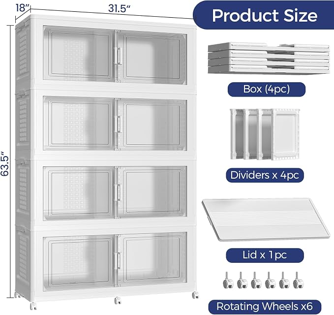 200GAL Extra Large Storage Bins with Lid, 800Qt Stackable Closet Organizers and Drawers, Collapsible Storage Bins with Wheels, Folding Containers for Home, Kitchen Office, 4Pack White