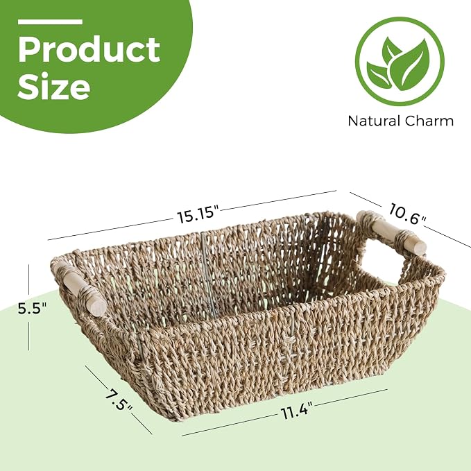 Wicker Baskets with Wooden Handles, Large Seagrass Storage Baskets | 2 Pack, Natural Seagrass Woven Basket for Organizing Shelves, Handwoven Gift Baskets Empty for Snack Display Home Decor