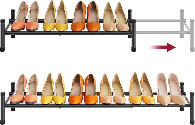 Expandable Shoe Rack for Closet 1 Tier, 28“-41“Stackable, Black | Adjustable Shoe Organizer Closet Shoe Rack Floor, Metal Shoe Shelf Storage for Entryway, Front Door Entrance, Closet, Garage