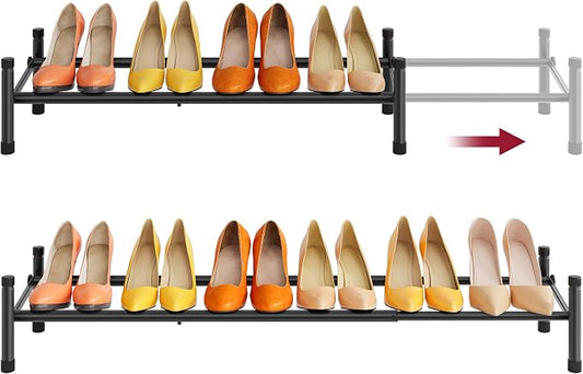 Expandable Shoe Rack for Closet 1 Tier, 28“-41“Stackable, Black | Adjustable Shoe Organizer Closet Shoe Rack Floor, Metal Shoe Shelf Storage for Entryway, Front Door Entrance, Closet, Garage