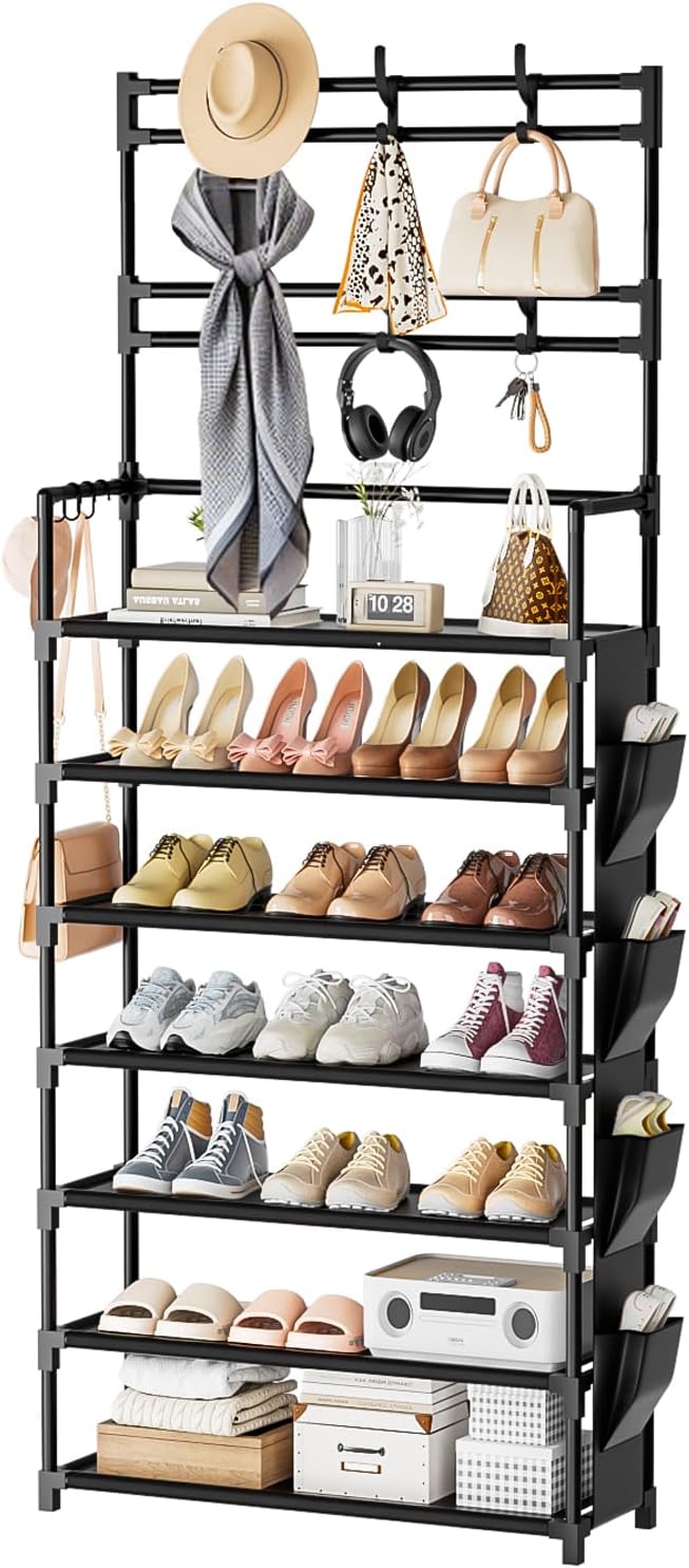 Shoe Rack 7 Tier Shoe Organizer Storage 21-28 Pairs | Closet Shoes Rack for Front Door Entrance Shoe Rack Organizer with Hooks Side Pocket Entryway Large Capacity Shoe Shelf Tower