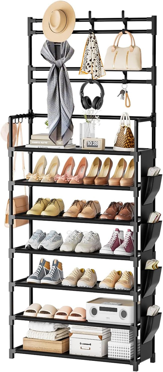 Shoe Rack 7 Tier Shoe Organizer Storage 21-28 Pairs | Closet Shoes Rack for Front Door Entrance Shoe Rack Organizer with Hooks Side Pocket Entryway Large Capacity Shoe Shelf Tower