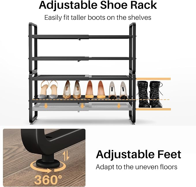 SNTD Shoe Rack - Expandable Shoe Organizer for Closet, Adjustable Metal Shoe Shelf Storage, Stackable Long Shoe Stand Holder for Garage, Entryway, Door Entrance (Black, 4-Tier)