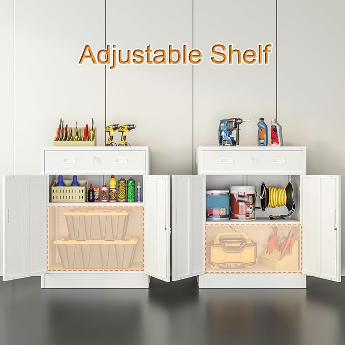 Wanfu Metal Storage Cabinet, Locking Cabinet with 1 Drawer and Adjustable Shelf, 36" H x 28" W x 16" D Steel Storage Cabinet for Office, Garage, Home-White