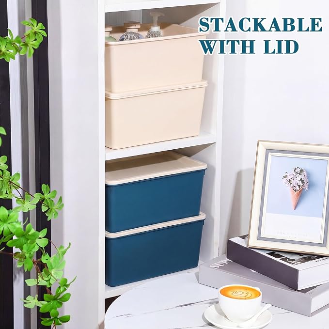 4 Pcs Storage Bins with Lids Plastic Stackable Containers for Classroom Room Organizing Shelves Christmas Ornament Box Baskets(Beige, Blue,Small)