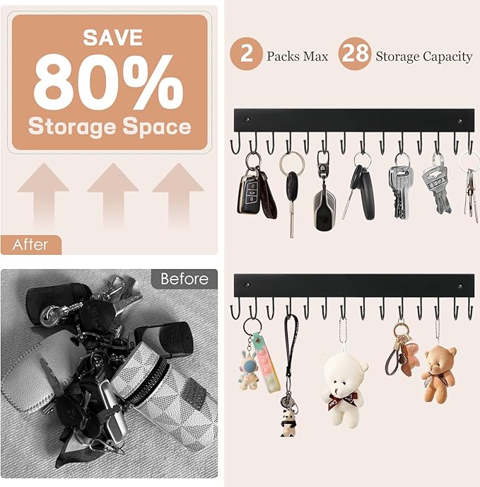 2-Pack Key Holder Wall Mount, 14.6" Key Rack with 28 Rotating Metal Hooks | Natural wood wall key hanger, 28 rotating metal hooks, for entryway, hallway & apartment decor, space-saving, Black