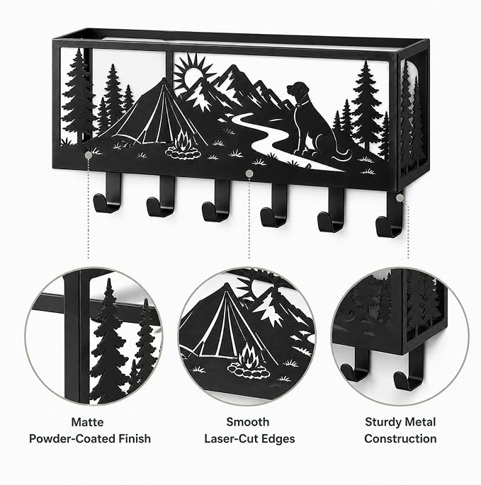Custom Dog Leash Holder for Wall Outdoor Pet Supply Organizer with Basket | Personalized dog leash holder with storage basket, mountain dog design, wall mount organizer for leash, keys and pet supplies