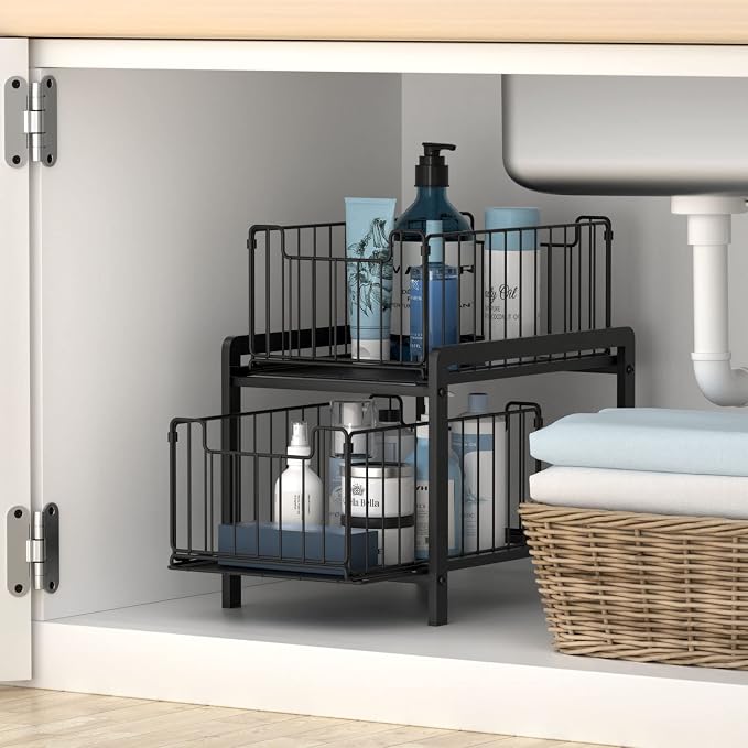 NPPLUS 2 Tier Black Under Sink Organzier With Sliding Drawer | Iron Under Sink Cabinet Organizers Pull Out Home Storage For Bathroom Kitchen Desktop