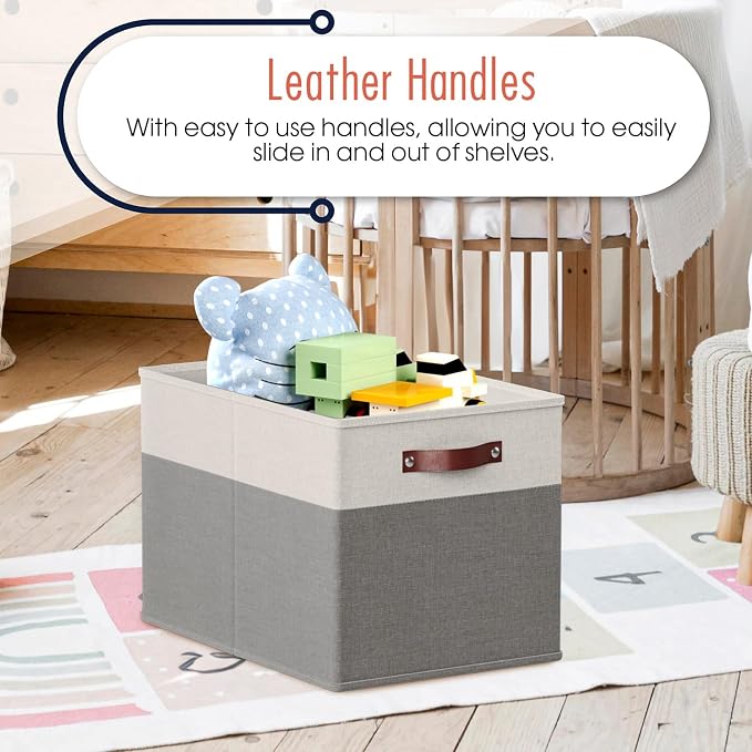 Ornavo Home 13x15x13 Foldable Fabric Storage Cube Bins, 6 Pack, White/Gray | Collapsible Linen Shelf Basket Organizer; Leather Handles; Fits Cube Storage Shelving Units