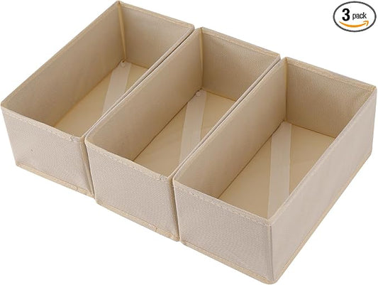 Bructhun Sock Drawer Organizer 3 Pack - Collapsible Fabric Storage Bins for Underwear Divider, Small Closet Organizers with 3 Compartments, Beige