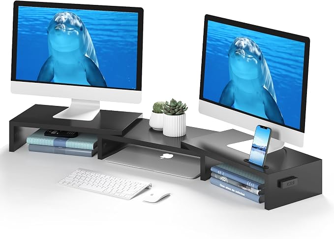 BONTEC Dual Monitor Stand Riser, Adjustable Length & Swivel Angle, Black | Ergonomic Wooden Desktop Organizer with Smartphone Holder, Computer Monitor Stand for PC, Laptop, Printer and Large Storage