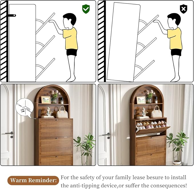 78.7'' Tall Shoe Storage Cabinet for Entryway with 3 Flip Drawers | Arched Design,Hidden Slim Shoe Organizer,Open Storage Shelf, Freestanding Shoe Rack,Large Tabletop Space,Hallway,Walnut