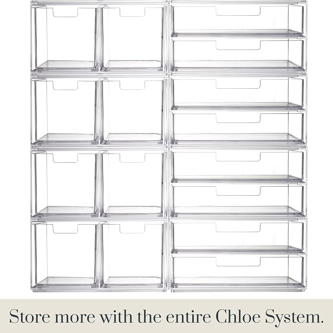 STORi Stackable Desk Organizer Drawers, Clear Pen Pencil Makeup Brush Holder for Desktops and Vanities, 4 Multi-size Drawers (Made in USA)