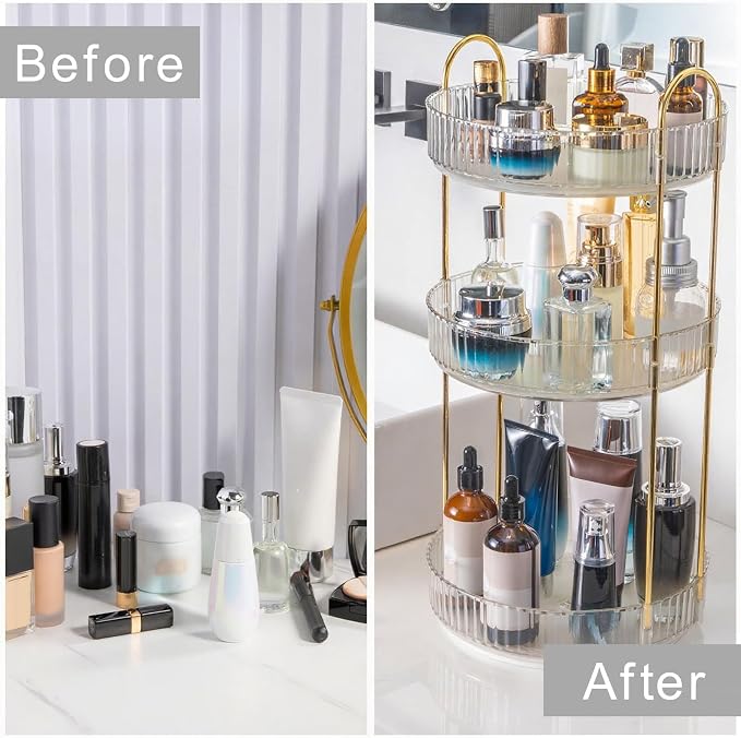 INVSSENE 360° Rotating Makeup Organizer, Bathroom Make Up Spinning Holder Rack, Large Capacity Cosmetics Storage Vanity Shelf Countertop, Fits Cosmetics, Perfume, Skincare, Lipsticks(3 Tiers, Clear)