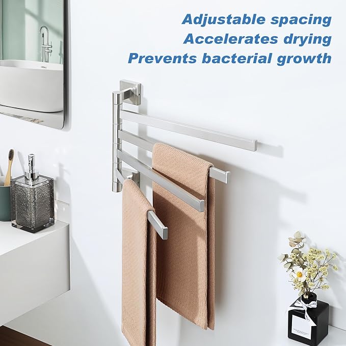 Alise 4 Arm Swivel Towel Rack, Swivel Towel Bar Brushed Nickel, 13.6 Inch | Space Saving Swing Arm Towel Rack for Bathroom Kitchen Outdoor, 180° Rotating, SUS304 Stainless Steel