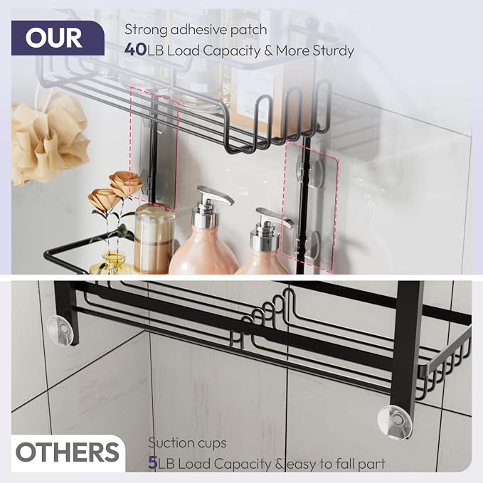 SWTYMIKI Bathroom Shower Caddy Hanging - 3 Tier Rustproof Over Shower Head Organizer, No Drilling Bathroom Shelf with 16 Hooks & Soap Holder, Anti-Swing Rack for Shampoo,Sponge,Towel, Black, Medium