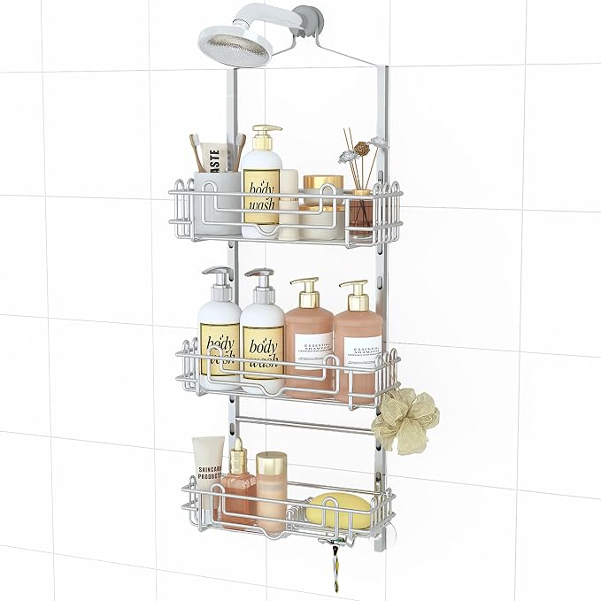 SWTYMIKI Shower Caddy Hanging Organizer - 3-Tier Rustproof Shower Organizer Over Showerhead with Adjustable Baskets, 24 Hooks, Soap & Razor Holder - No Drill Large Bathroom Storage Rack, Silver