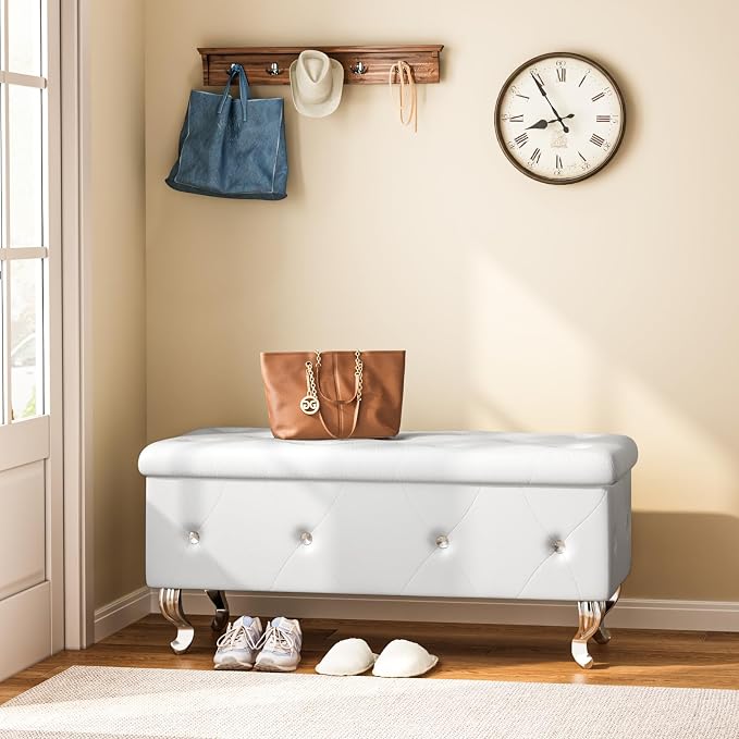 Recaceik Ottoman with Storage, Small Upholstered Storage Bench for Bedroom, Ottoman Bench with Legs for Living Room, End of Bed, Entryway, Window, White