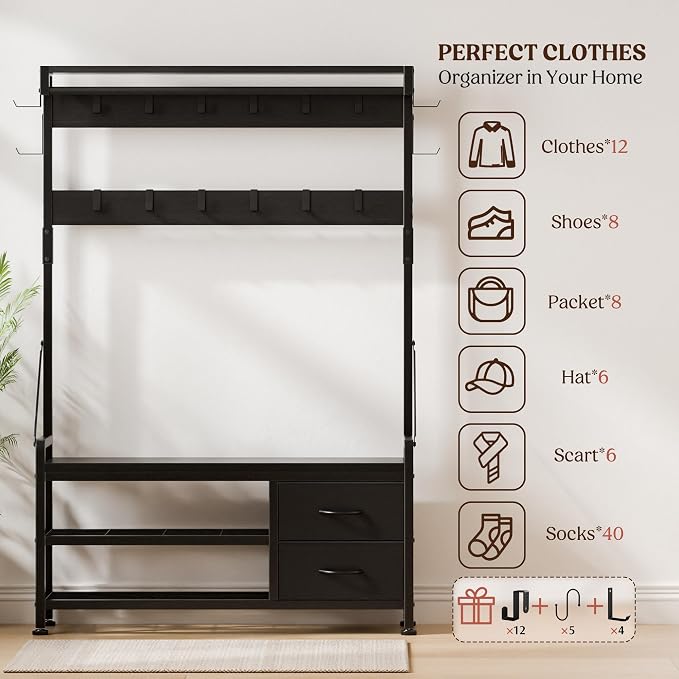 Coat Rack, 39.4” Hall Tree with Shoe Storage Bench, Black | 5 in 1 Entryway Furniture Organizer, 21 Hooks, 2 Fabric Drawers, Handy Clothes Rail