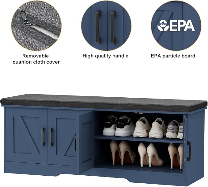 HOMSHO Farmhouse Shoe Storage Bench with 4 Barn Doors & Padded Seat Cushion | 47.2" Wide Entryway Bench with Adjustable Shelves & Hidden Storage, Blue