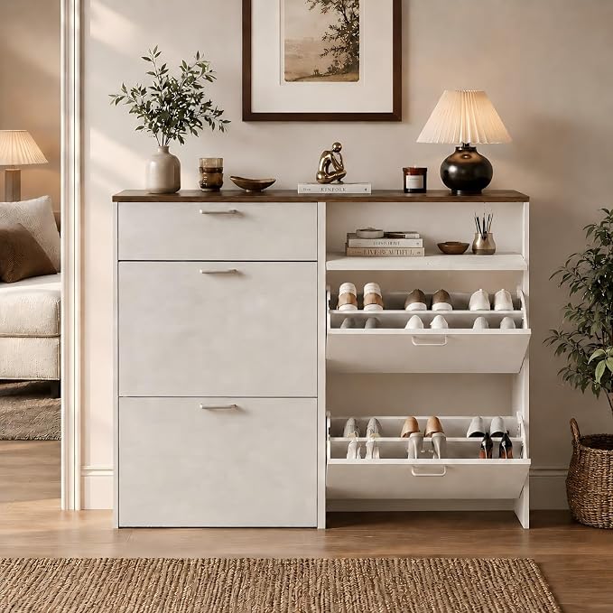 VINGLI Set of 2 Shoe Cabinets Storage for Entryway,2-Pack,Rustic White | 16–24 Pairs,Skirting Board Cutout,Drop-Down Drawer,9.4"D Slim,Farmhouse,2 Flip Drawers,Adjustable & Removable Shelf
