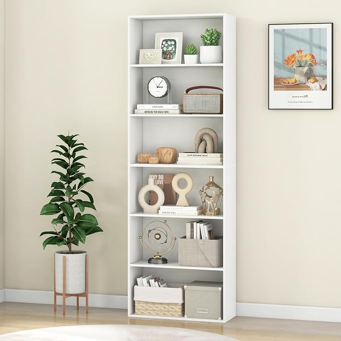 Giantex 6-Tier Bookcase, 70" Tall Wooden Bookshelf, Freestanding Storage Organizer w/Open Shelves, Anti-Tipping Kits, Modern Floor Standing Display Shelves for Living Room, Bedroom (1,White)