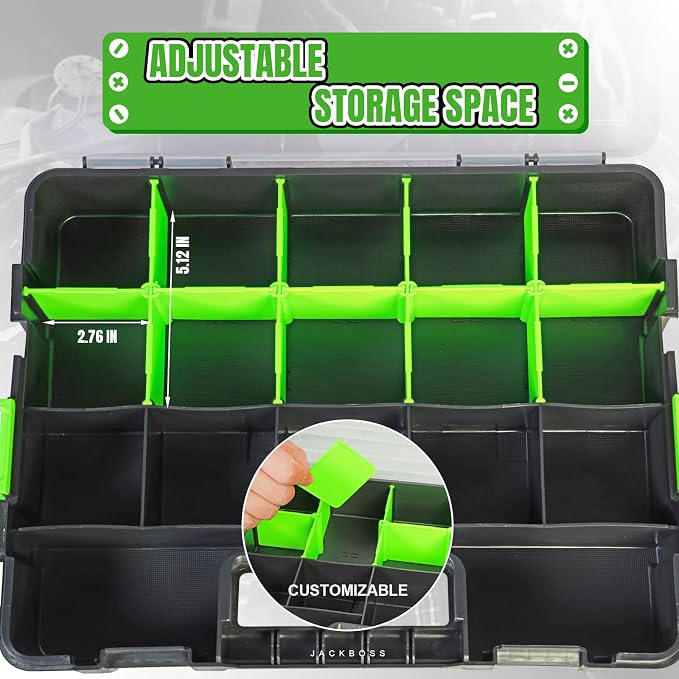 Jack Boss Tool Box with Transparent Lid, Single Side 17-Compartments Organizer Box with Removable Dividers for Hardware, Screws, Bolts, Nails, Beads, Jewelry and Fishing Accessories, Green, 2 Pack