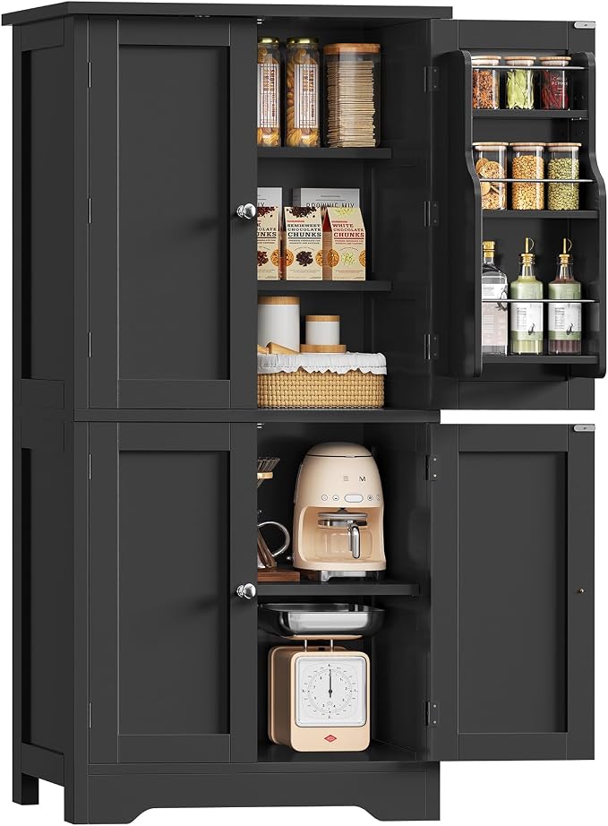 51" H Pantry Cabinet with 4 Doors, Kitchen Cabinet with 6 Door Shelves, Kitchen Pantry for Living Room, Dining Room, Bathroom, Black