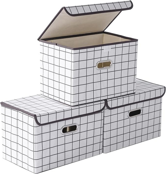 STOREONE Fabric Storage Cube Bins Foldable Organizer Container Collapsible Basket with Lids and Metal Handles, for Home, Bedroom, Closet 3 Pcs (White grid)