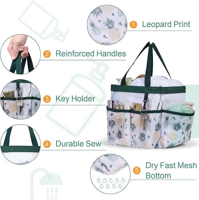 F-color Shower Caddy Portable - Mesh Shower Bag Basket Tote for College Dorm Room Essentials Bathroom Gym Camp Quick Dry for Women Men with S Hook, Green Pineapple | 2-Handle, Quick-Dry, Toiletry Organizer, College Dorm Room Essentials for Girls, Gym, ...