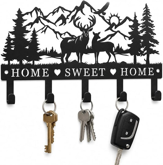 Deer Mountain Metal Key Holder Wall Mount Key Holder for Wall Rustic Cabin Decor Key Rack Hooks Hanger Woodland Wildlife Wall Art Entryway Organizer Housewarming Hunting Gifts