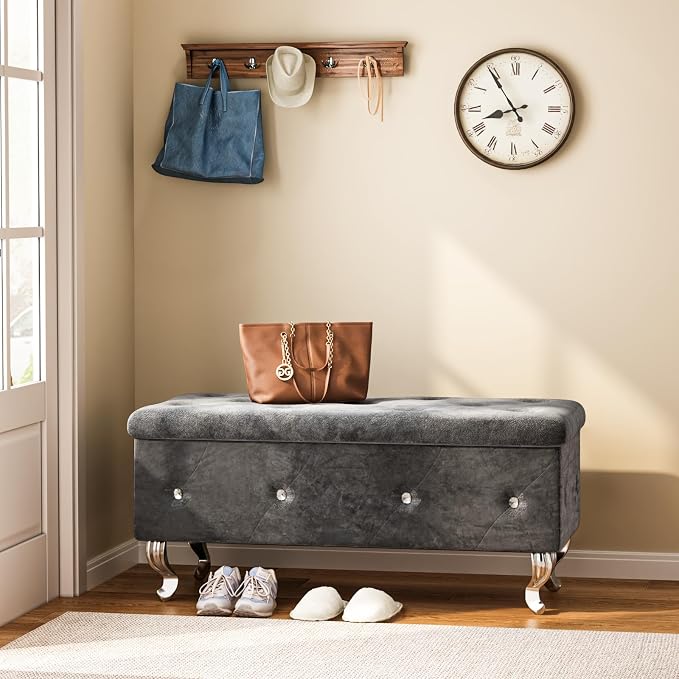 Recaceik Ottoman with Storage, Small Upholstered Storage Bench for Bedroom, Ottoman Bench with Legs for Living Room, End of Bed, Entryway, Window, Grey