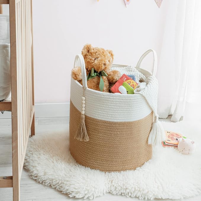 Mkono Woven Storage Basket Decorative Rope Basket Wooden Bead Decoration for Blankets,Toys,Clothes,Shoes,Plant Organizer Bin with Handles Living Room Home Decor, 15"Wx17.7"L,White and Yellow | Cream White and Brown, Decorative Basket with Handle, Wood ...