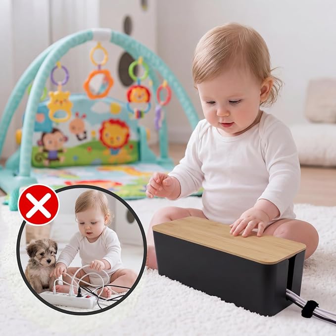 2 Pack Cable Management Box - Cord Organizer Box with Wooden Lid for TV Wires, Power Strips, Router, USB Hub & Under Desk Power: Baby & Pet Proof Cord Management, Cord Hider for Home & Office(Black)