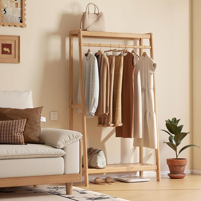 Solid Wood Clothes Rack, Clothing Rack with Shelves for Bedroom, Living Room, Entryway, 16" x 35" x 63", Oak Wood, Natural