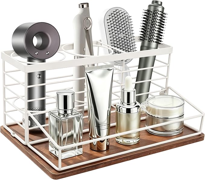 Hair Tool Organizer, Movable Hair Dryer Holder, Hair Styling Tools Storage for Vanity, Bath Counter Organizer, Bathroom Trays for Hair Toiletry, Makeup (12" x 7.7" x 5.8", Wood-White)