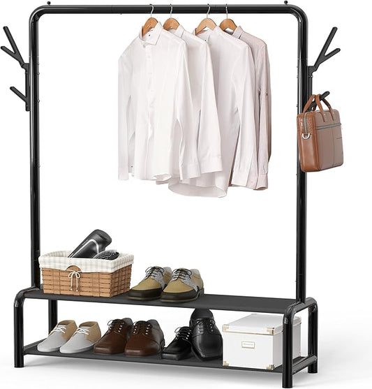 Simple Houseware 52" W Freestanding Closet Garment Rack with Shelves, Black | With 600D Fabric Shelves, Hanger Stoppers, and Hooks for Coat & Hat