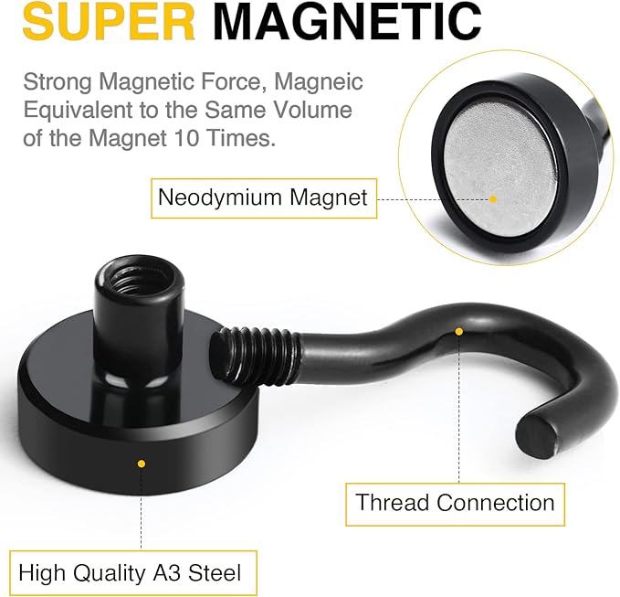 DIYMAG Magnetic Hooks 6pcs 30lbs+ Cruise Essentials 2026 Magnet Hook Black | Neodymium Heavy Duty Strong Magnets Hanging Ship Cabins Refrigerator Fridge Classroom Beach Vacation Kitchen Grills Home Tool