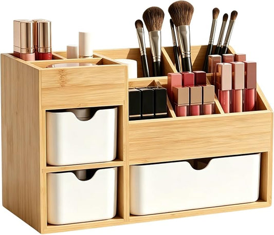 Bamboo Makeup Organizer with 3 Drawers & Adjustable Dividers, Desk Cosmetic Storage Box, Vanity Countertop Organizer for Bathroom, Office, Bedroom, Natural Bamboo Color (11.5x5.4in)
