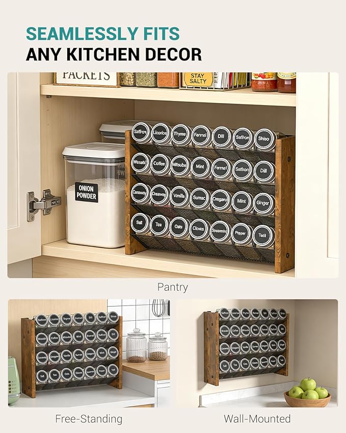 NESAPTO Spice Rack Organizer for Cabinet, Wood 4-Tier Vertical Seasoning Organizer, Wall Mount or Countertop Spice Shelf, Holds 28 Jars (No Jars Included), 14" W x 9.4" H