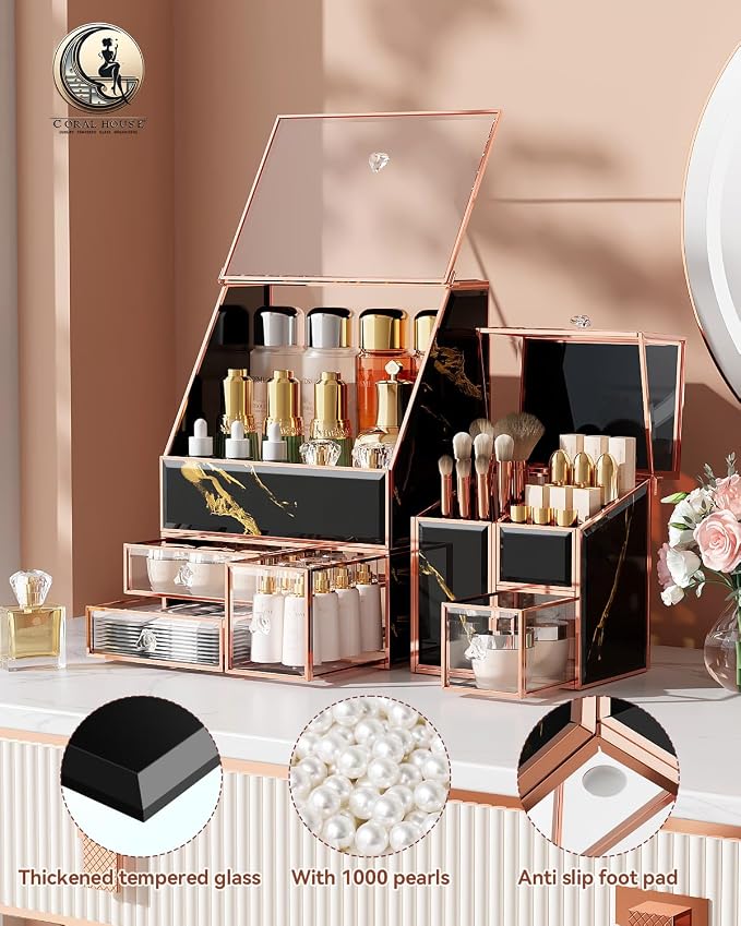 CoralHouse Glass Makeup Organizer with Brush Holder for Vanity | Black Skincare Organizer for Vanity, Stackable, Large Capacity, for Makeup Lipstick Perfumes Brush Skincare