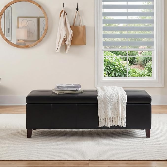51" Black Faux Leather Storage Ottoman Bench | Foot Rest with Hinged Lid, Long Rectangle Bed Bench for Living Room, Bedroom, Entryway