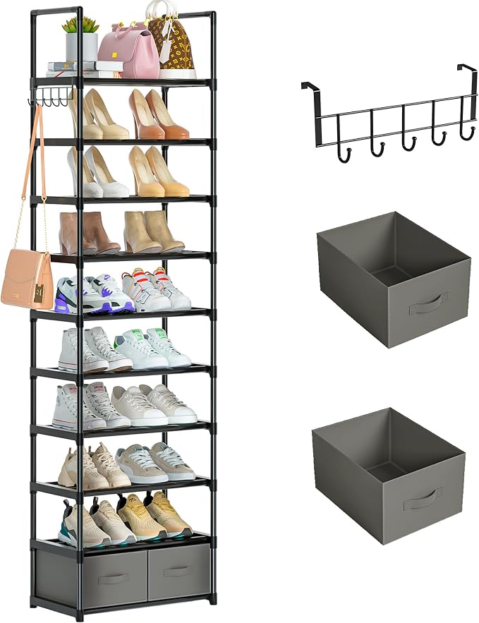 Tall Shoe Rack Narrow 10 Tier Shoes Rack 20 25 Pairs + 2 Boxes 1 Hook | Shoe Storage Organizer for Closet, Entryway, Living Room,Sturdy Metal Shoe Shelf Shoe Stand Closet Organizers and Storage