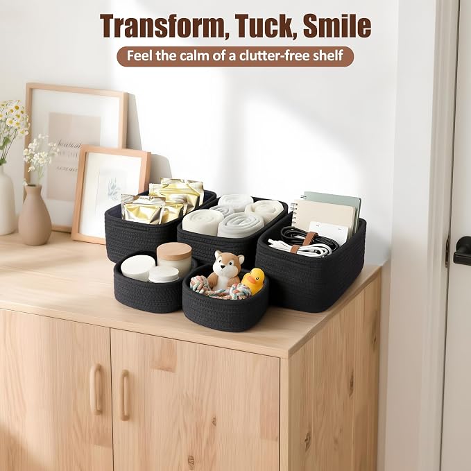 5-Pack Small Woven Rope Storage Baskets, 2 Sizes Organizer Bins | Fabric Cube Boxes and Rectangular Shallow Bins for Closet, Shelf, Bookshelf, Nursery, Changing Table, Bathroom, Toys & Home
